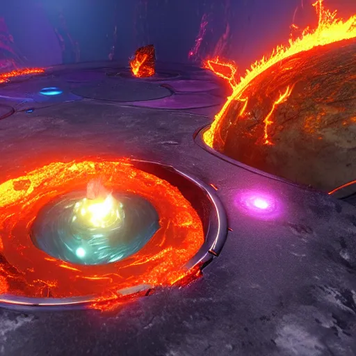 Image similar to a space portal with lava surface that has a golden frame that has trims of green and blue gemstones attached, highly realistic Unreal Engine