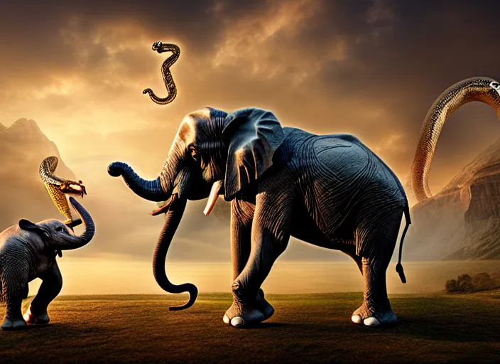 Prompt: the world held by elephants and a giant snake. mythology style. highly detailed 8 k. intricate. lifelike. soft light. sony a 7 r iv 5 5 mm. [ cinematic post - processing ].