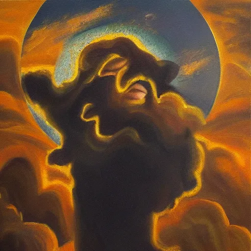 Prompt: expressive oil painting of god looking for a heaven sky, with a giant gold circle behind, ultra realistic