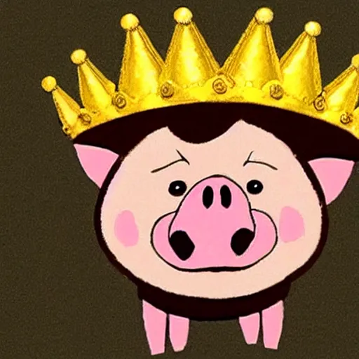 Image similar to a pig wearing a gold crown in the style of Friz Freleng