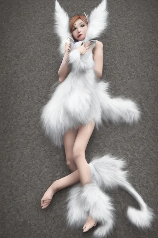Image similar to beautiful aesthetic full body digital illustration of a young woman wearing a furry white dress, furry white cat ears and tail, by wlop and Julia Razumova, realistic, photorealistic, hyperrealistic, unreal engine, cosplay, octane, deviantArt, trending on artstation, artstation HQ