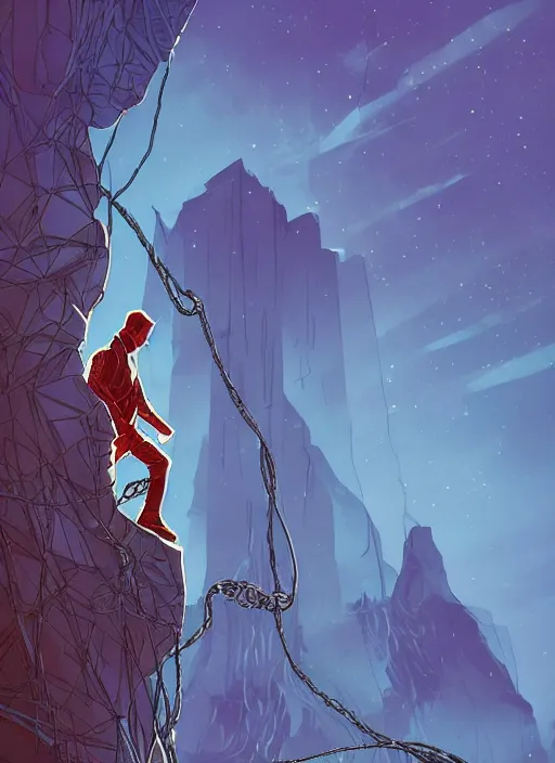 Prompt: comic book art of a [ man ] in trenchcoat with ( glowing ) [ gloves ] and [ boots ] crossing a [ old ] ( rope ) bridge in a [ jungle ] looking up at a [ mountain ] made of crystalized rock, a [ glowing tower ] extends into the sky, low angle, artstation illustration, elegant, arcane by tim doyle