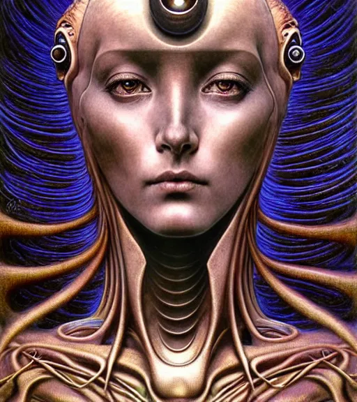 Image similar to detailed realistic beautiful young cher alien robot as queen of mars face portrait by jean delville, gustave dore and marco mazzoni, art nouveau, symbolist, visionary, baroque, concept. horizontal symmetry by zdzisław beksinski, iris van herpen, raymond swanland and alphonse mucha. highly detailed, hyper - real, beautiful