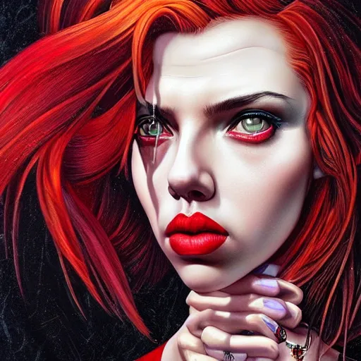 Image similar to demonic lofi queen of hell portrait of scarlett johansson, fire and flame of hell serpent, Pixar style, by Tristan Eaton Stanley Artgerm and Tom Bagshaw.