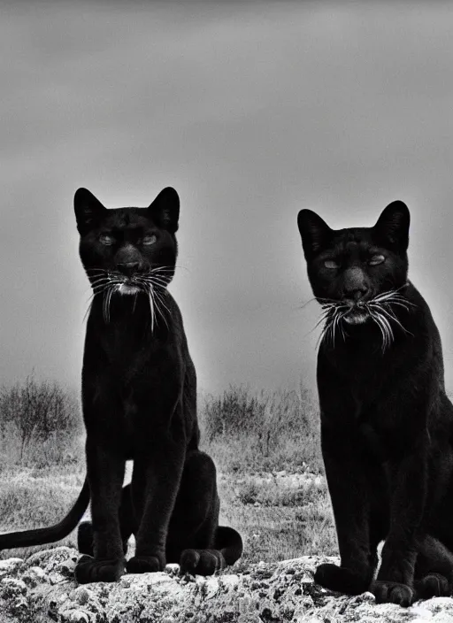 Prompt: two black panthers black and white portrait white sky in background