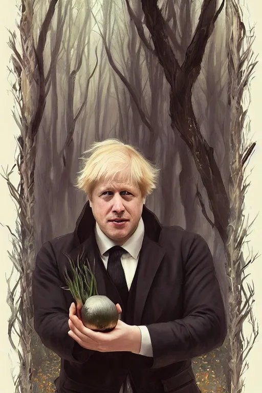 Prompt: beautiful cottagecore Boris Johnson holding a Black Onion, blonde Hair, dark forest, intricate, elegant, highly detailed, digital painting, artstation, concept art, smooth, sharp, focus, illustration, art by artgerm and greg rutkowski and alphonse mucha