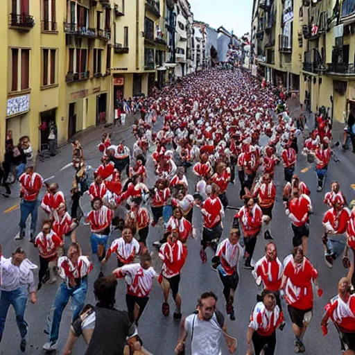 Image similar to the running of the gigantic screaming bob ross in pamplona spain