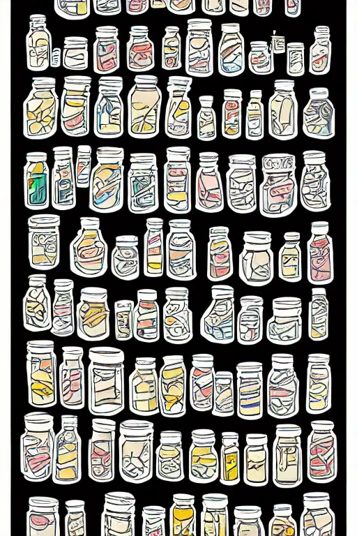 Image similar to mcbess illustration of a old shop full of jars of sweets, rainbow gouache