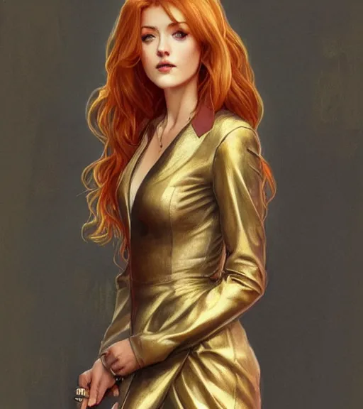 Image similar to katherine mcnamara wearing a golden dress, grey hair, red necktie, cinematic, stunning, highly detailed, digital painting, artstation, smooth, hard focus, full body shot, illustration, art by artgerm and greg rutkowski and alphonse mucha