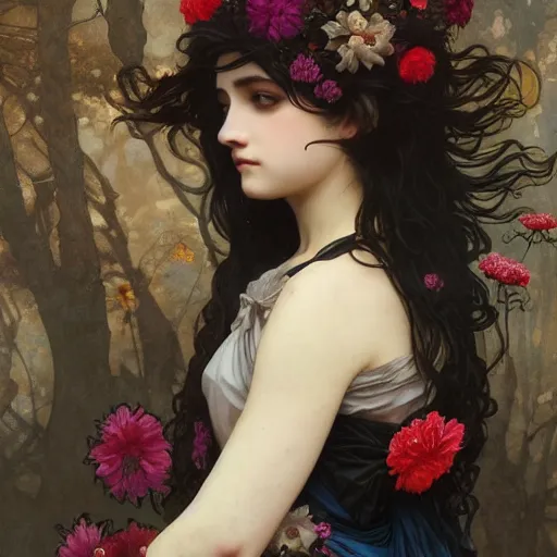 Prompt: goth girl wearing dress made out of various types of flowers, intricate, art by artgerm and greg rutkowski and alphonse mucha and william - adolphe bouguereau, high detailed, 4 k,