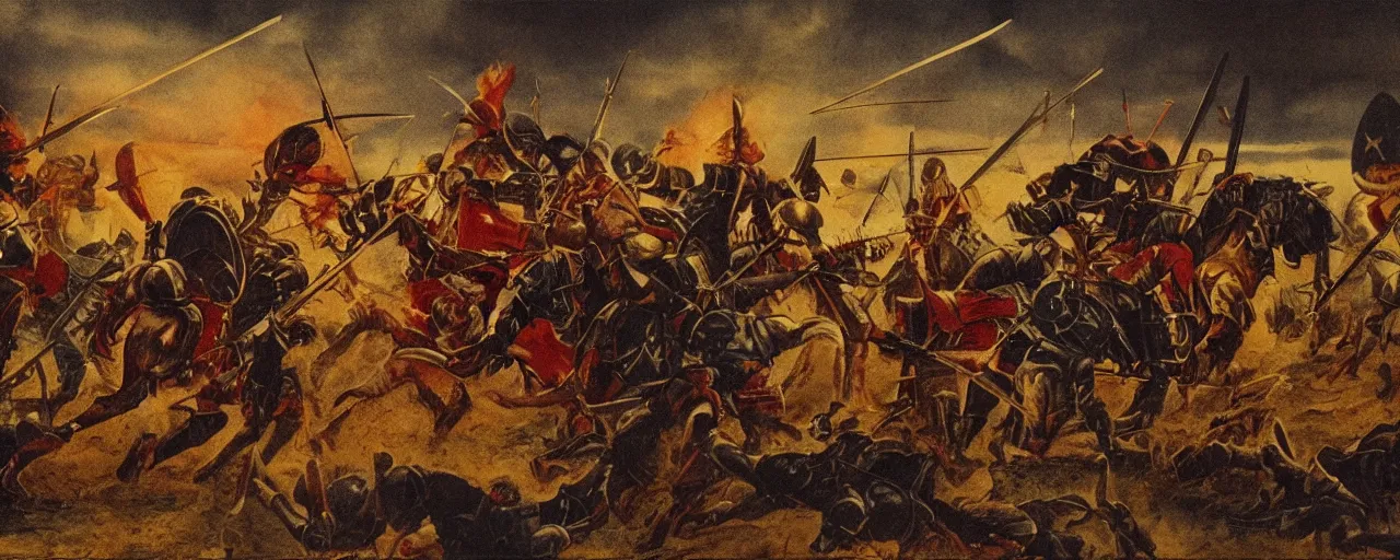 Prompt: film-still shot of a medieval battle, where in front two knights are fighting each other, all knights are fighting with spaghettis instead of swords, atmospheric, highly detailed, moody, sunrise, washed out colours.