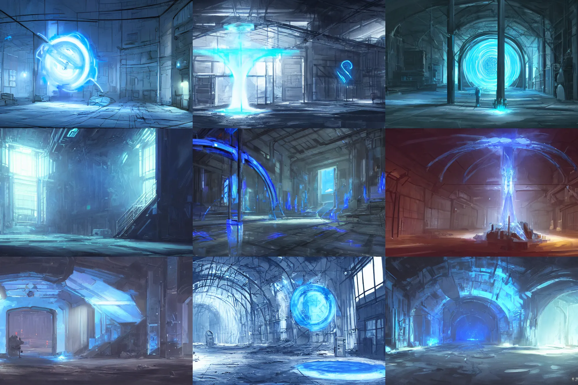 Prompt: blue glowing portal in the middle of a huge dark warehouse, concept art, postapo game, artstation