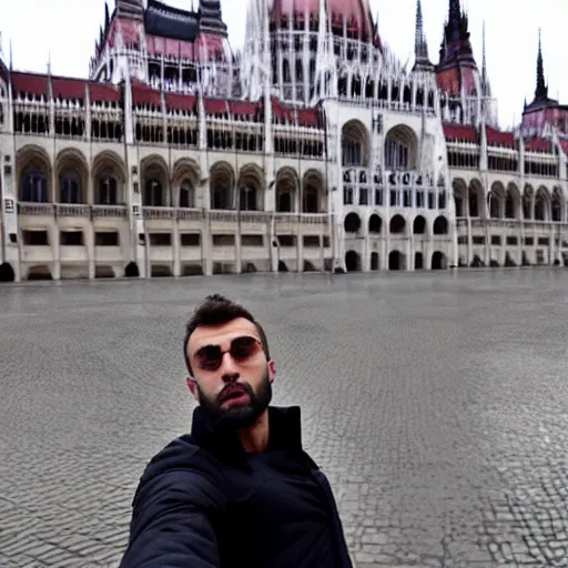 Prompt: Gigachad taking a selfie with the hungarian Parliament, 4k, selfie,