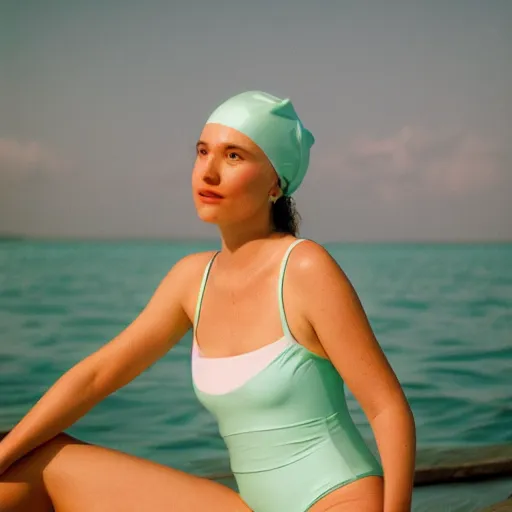 Image similar to a film photography of a woman slender, wearing a mint green one-piece swimsuit, wearing a white shower cap, sitting on a wood dock, low angle 50mm medium shot, Kodak Portra film 800, Leica M6 film camera, light film grain, Lying on back, perpendicular to the camera