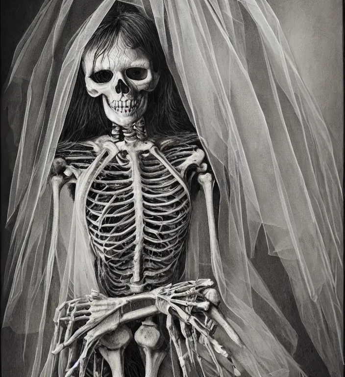 Prompt: portrait of a Bride's skeleton in veil by Laurie Lipton, high detailed, realistic,dark surrealism, hyper detailed