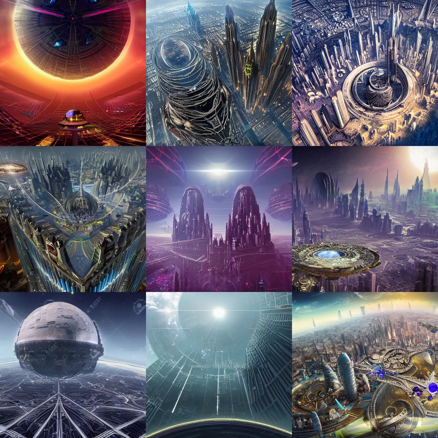 Prompt: orbital perspective of a utopian futuristic planet with a huge gargantuan building and city megastructure big enough to protrude from the planet atmosphere, epic, vast, gothic, space scene, technology, jewelled, ornate, beautiful, crystals, colorful, dark, rich, intricate detail, realistic, epic, gargantuan