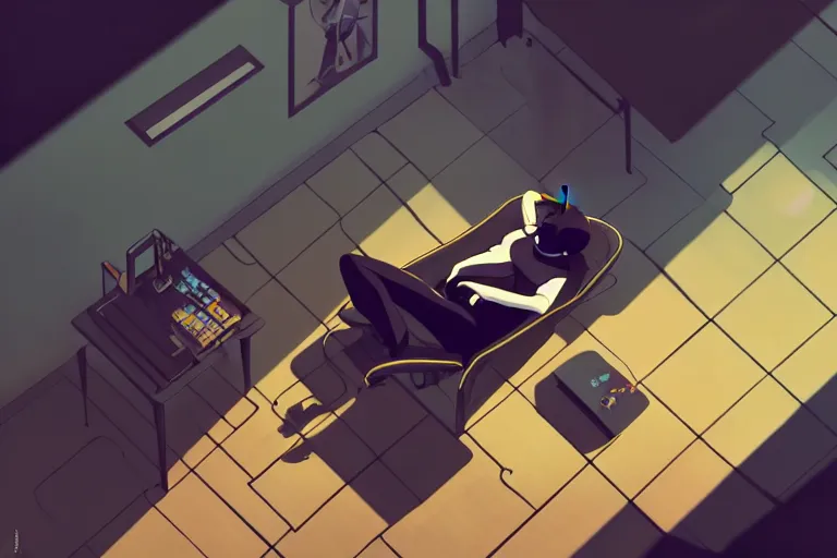 Prompt: a young man sitting in a bedroom chair playing xbox, a black cat is asleep next to him, wide angle shot from above, golden curve composition, animation portrait concept art, style of makoto shinkai, james jean and peter mohrbacher, studio ghibli, artgerm, karol bak, dan mumford, 4 k hd, animation style