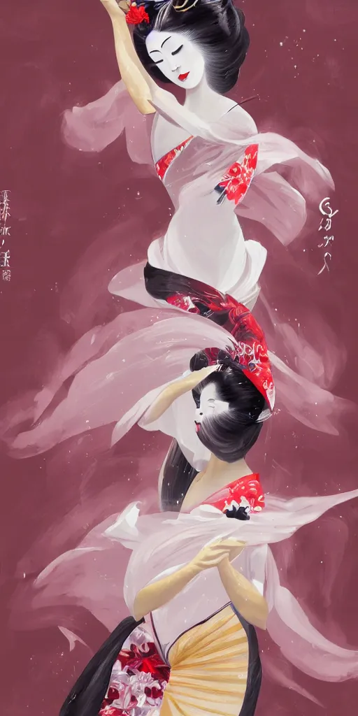 Prompt: full body geisha prima ballerina dancing in the wind, beautiful, ethereal, gorgeous, volumetric lighting, elegant, fluid, highly detailed oil painting, digital painting, concept art, smooth, sharp focus, illustration, strong lines and bold colors, limited color palette, atmosphere and tension, Japanese,manga, trending on artstation