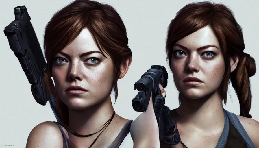 Image similar to emma stone is lara croft from tomb raider, grey background, hyperdetailed, artstation, cgsociety, 8 k