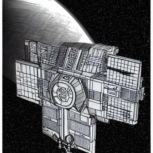 Image similar to isometric view of a star wars space station in space, pencil sketch, concept art, digital art