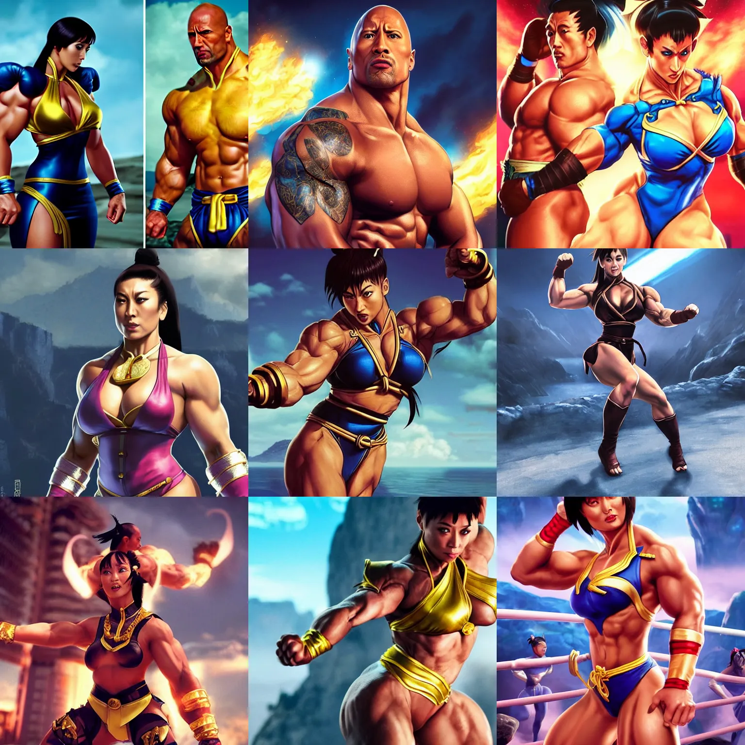 Prompt: dwayne johnson in tight woman chun li outfit with dwayne johnson face and dwayne johnson body, visible head and eyes, dwayne johnson dressing like chun li in street fighter, dwayne johnson wearing chun li's bikini, intricate, epic lighting, cinematic composition, hyper realistic, 8k resolution, unreal engine 5, by Artgerm, tooth wu, dan mumford, beeple, wlop, rossdraws, James Jean, Andrei Riabovitchev, Marc Simonetti, yoshitaka Amano, Artstation