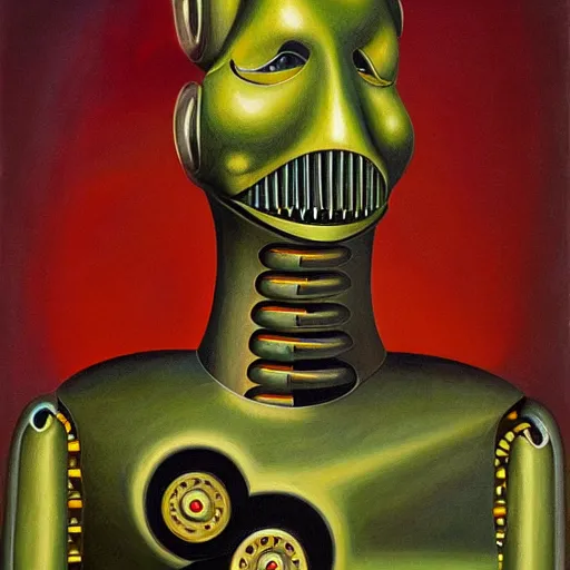Prompt: biomechanical robot with soulful eyes portrait, lowbrow, pj crook, grant wood, edward hopper, oil on canvas