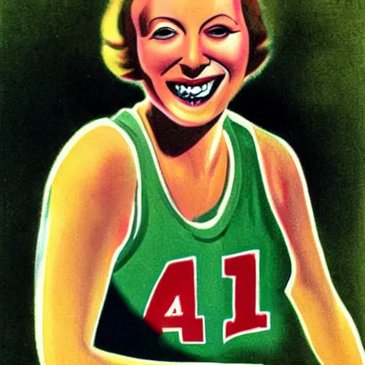 Prompt: a 1 9 2 8 color drawing portrait. happy, healthy, smiling, sporty, glowing, teenage greta garbo in athletic wear with big smile and healthy teeth. colorful, realistic, high quality.