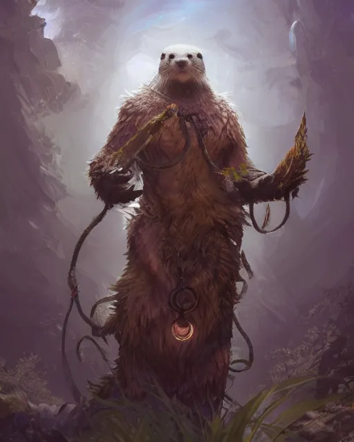 Image similar to Otter Shapeshifter Druid Mage, D&D, artstation, fantasy, magic the gathering artwork, cinematic lighting, centered, symmetrical, highly detailed, digital painting, , concept art, smooth, sharp focus, illustration, volumetric lighting, epic Composition, 8k, art by Akihiko Yoshida and Greg Rutkowski and Craig Mullins, oil painting, cgsociety