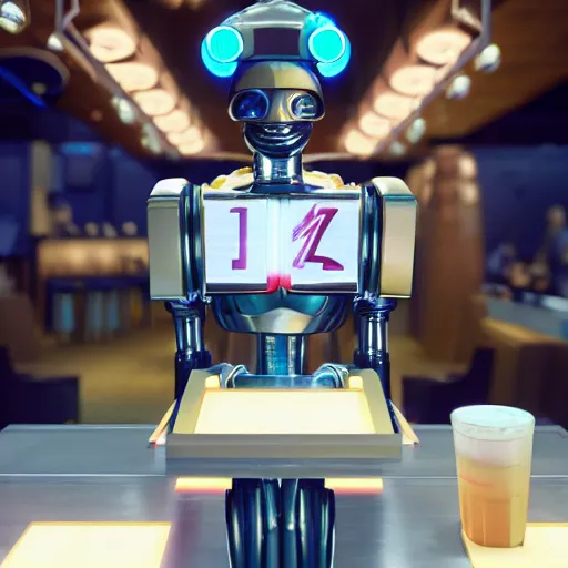 Prompt: a robot is at the sports bar and orders a drink. (TY beanie baby puppy dog) bartender, 8k, ultrarealistic, cgsociety.