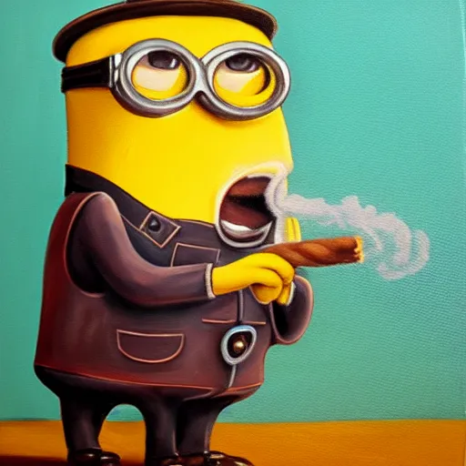 Image similar to minion smoking a cigar, oil painting