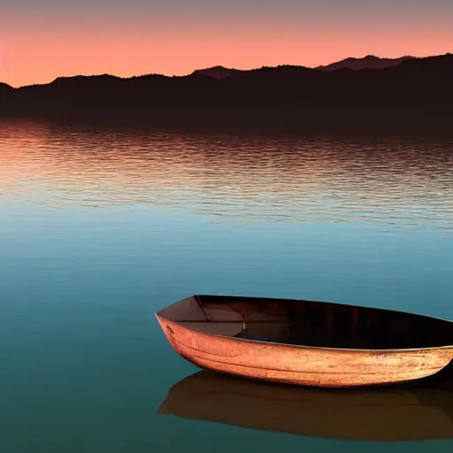 Prompt: A beautiful small boat alone on a lake at twilight with calm waters, the moon shines from above causing light ripples in the water. A small and calm traveller sits in the boat, at peace with himself and the world. A digital art piece designed to spreader unending tranquility. Tranquil dreams of tepid water, a moment frozen in time. Trending on art station, an award winning masterpiece
