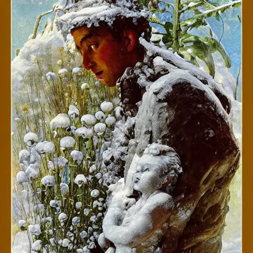 Image similar to a sculpture made of snow and ice and flower and plants, painting part by wojciech siudmak, part by ilya repin, part by max ernst, part by norman rockwell, artstation