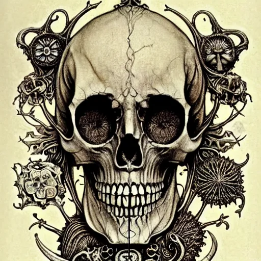 Image similar to memento mori by arthur rackham, art forms of nature by ernst haeckel, exquisitely detailed, art nouveau, gothic, ornately carved beautiful skull dominant, intricately carved antique bone, art nouveau botanicals, ornamental bone carvings, art forms of nature by ernst haeckel, horizontal symmetry, arthur rackham, ernst haeckel, symbolist, visionary