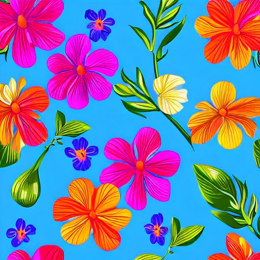 Image similar to Vector illustration of tropical flowers with multiple cohesive colors ranging from warms blues to bright oranges on a dark moldy blue background, 4K resolution