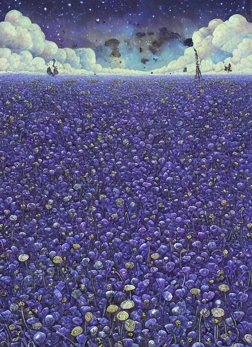 Image similar to detailed, intricate blue black and purple papaverum flower on the field, nebula, galaxy in the sky, winning award masterpiece, fantastically beautiful, illustration, aestheticly inspired, jacek yerka, upscale with anguissola sofonisba work, artstation, 8 k