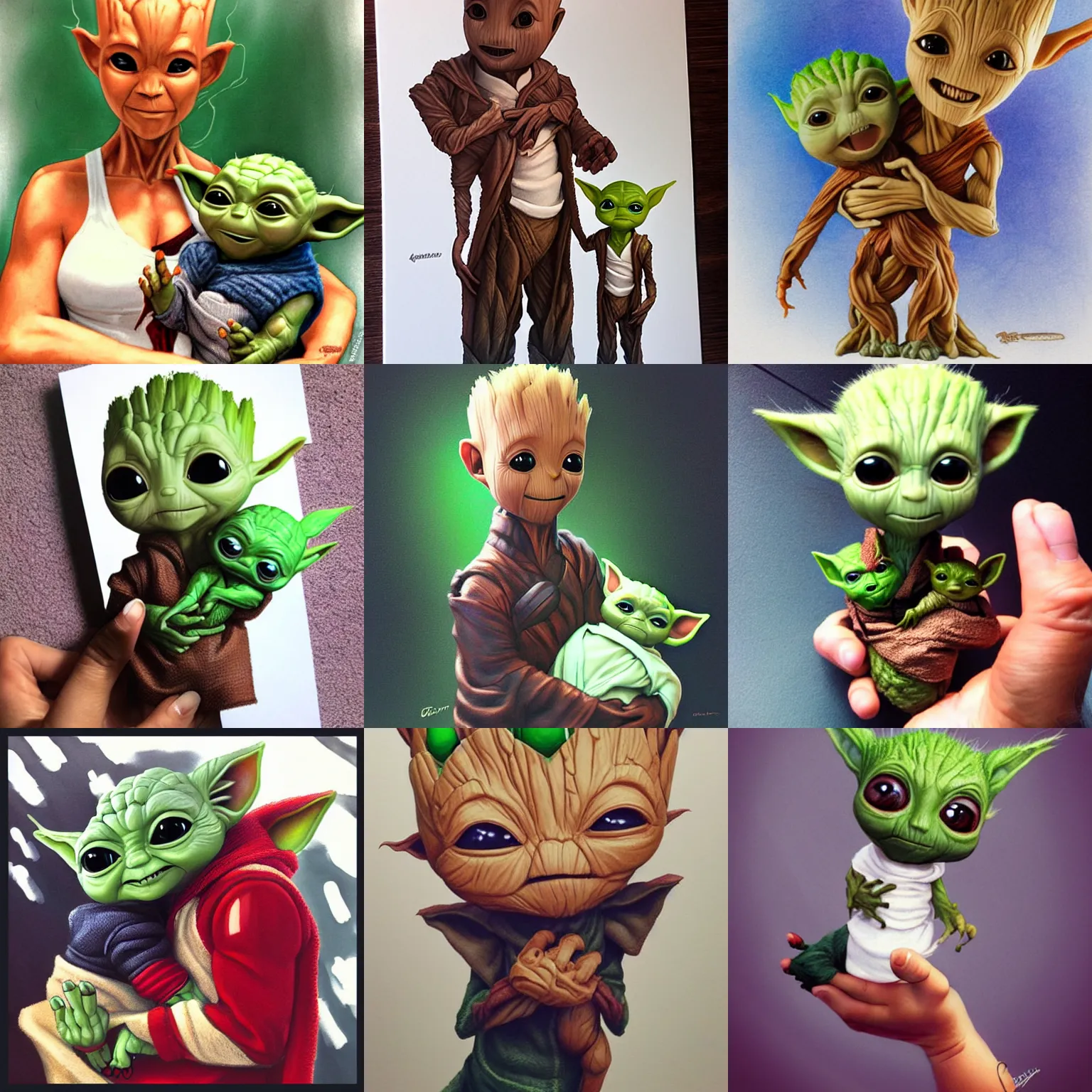 Prompt: baby groot holding baby yoda in his arms by artgerm