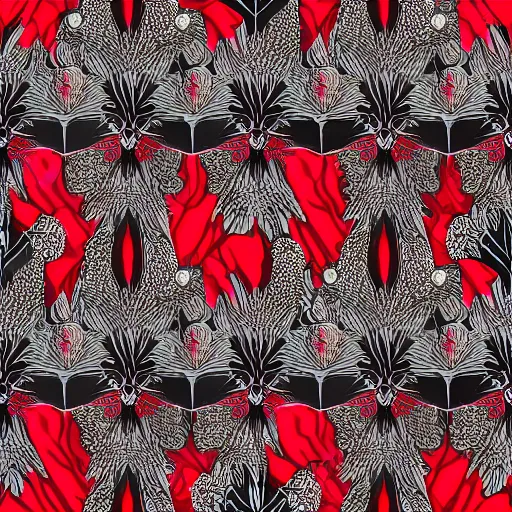 Image similar to detailed and dense concept art deco pattern of black and red blend of flowers and diamonds, bizarre compositions, exquisite detail