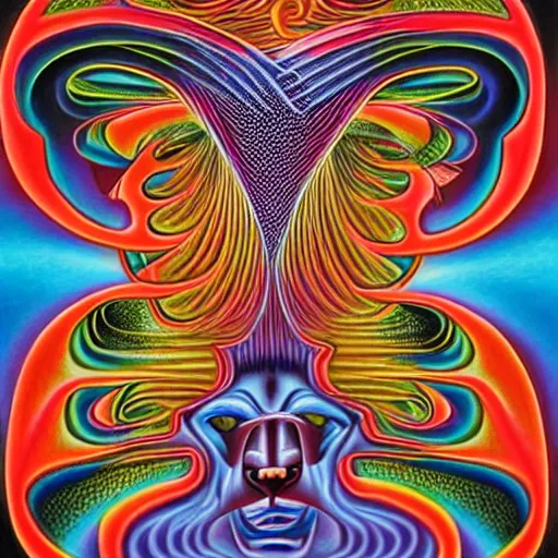 Image similar to cat having an ego trip, by alex grey