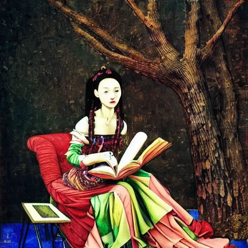 Prompt: interesting maximalist elaborate full body portrait of a beautiful medieval girl in a fancy elaborate dress, reading a book, next to a tree, in the style of Caravaggio, kawase hasui and paul klee. seen from the long distance. mixed media, vibrant 3d textures, natural shiny colours. amazing fashion of Vivienne Westwood. HD wide view 8x no frame