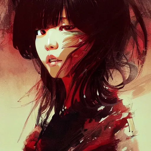 Image similar to full body portrait of a korean schoolgirl with long hair and bangs, her arms are mutating into thin red tedrils, dramatic lighting, illustration by Greg rutkowski, yoji shinkawa, 4k, digital art, sci-fi horror concept art, trending on artstation