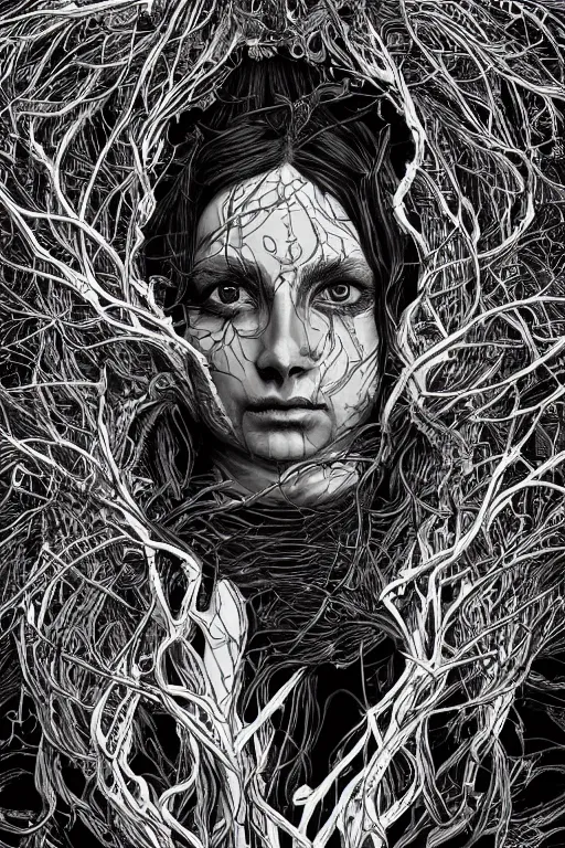 Prompt: vibrant monochrome ultra clear portrait of cult ritual witch by sandra chevrier laurie greasley gustave dore ron english, wires cords plugs branches organics, psychedelic energy waves, low contrast, cinematic dramatic lighting, hyper realistic detailed intricate render, hypermaximalist, ornate, epic composition, 4 k 8 k, cryengine octane, sharp focus, concept art, masterpiece