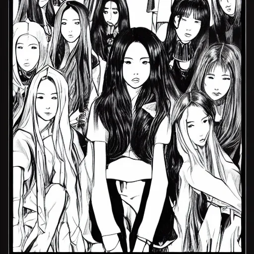 Image similar to blackpink k - pop group, wide angle, by kentaro miura