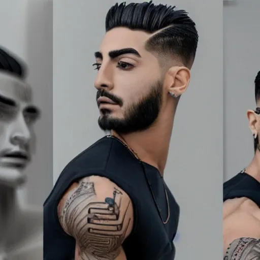 Image similar to a realistic detailed photo of a guy who is an attractive humanoid who is half robot and half humanoid, who is a male android, singer maluma, shiny skin, posing like a statue, blank stare, in a living room, on display, showing off his muscles, with a twin