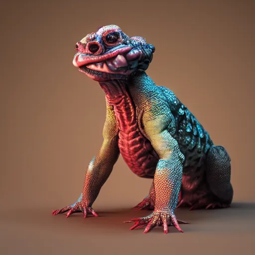 Image similar to a grotesque but cute creature crawling on four legs with weird features, strange feeelrs, coloured scaly skin, looking inquisitively at the camera, 3d render, studio lighting