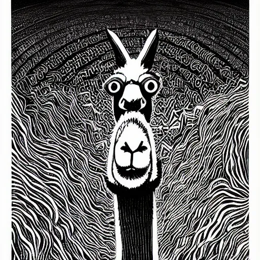 Prompt: black and white trippy comic art of a llama, lots of particles, drawn by Martin Rowson, Tim Burton, Studio Ghibli, Alex Pardee, Nekro Petros Afshar, James McDermott, cgsociety, sharp edges, high constrast, 4K