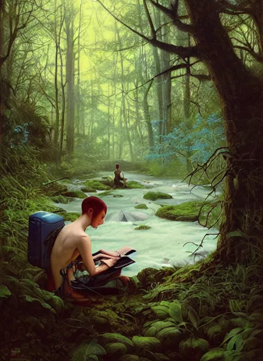 Image similar to computer in the woods by a stream, river gorgeous lighting, lush forest foliage blue sky a hyper realistic painting by chiara bautista and beksinski and norman rockwell and greg rutkowski, tom bagshaw weta studio, and lucasfilm