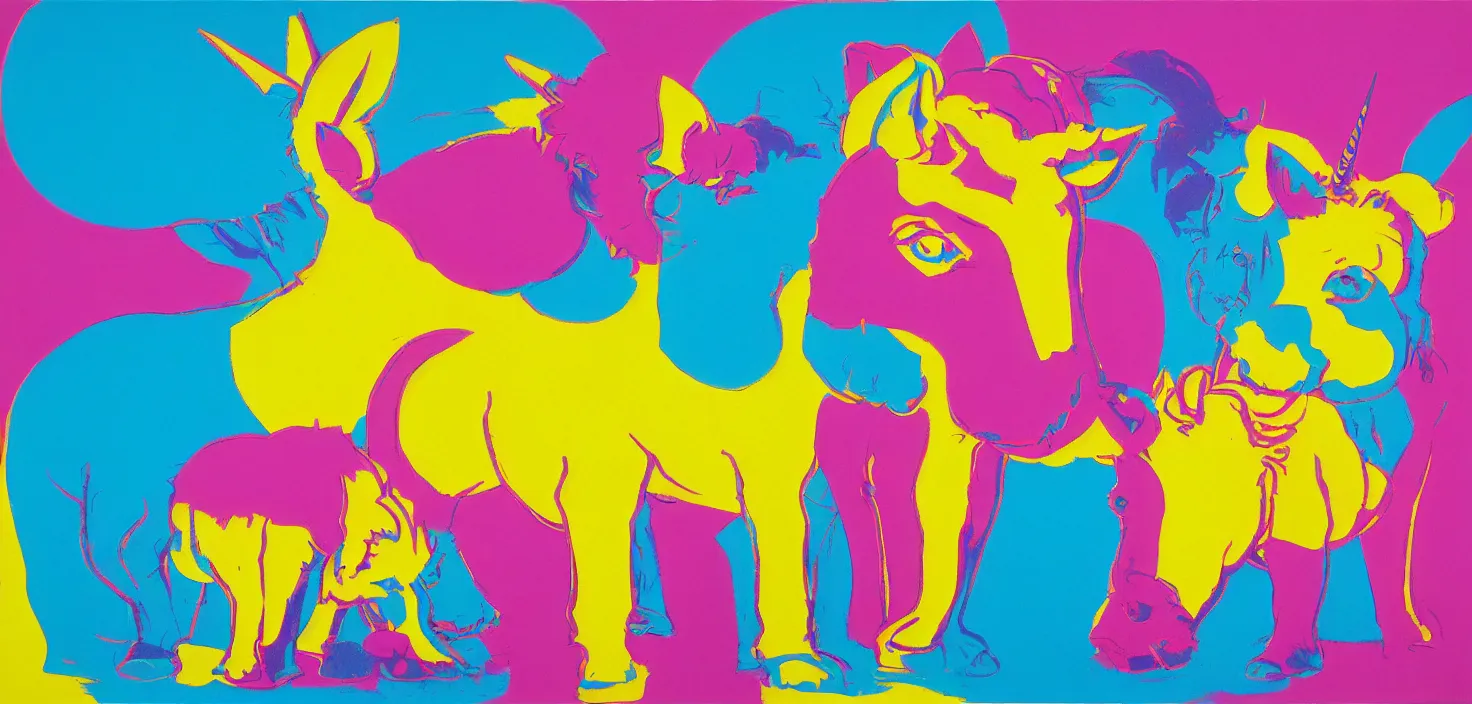 Prompt: a unicorn and a mouse on a sugar rush, colourful, bright, cheery, andy warhol, ralph goings