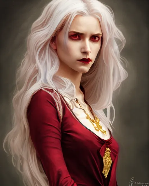 Image similar to female queen vampire, perfect face, gold waistcoat, red shirt, long grey hair, red necktie, cinematic, stunning, highly detailed, digital painting, artstation, smooth, hard focus, illustration, art by artgerm and greg rutkowski and alphonse mucha