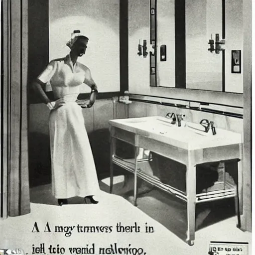 Image similar to a 1 9 5 0 s newspaper photo of a lavish bathroom. the mirror is shattered on the floor