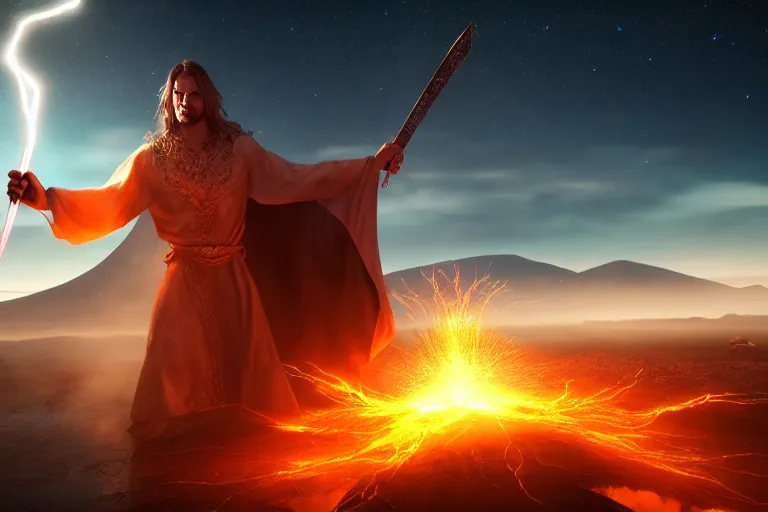 Image similar to levitating wizard wielding a sword, opening a shining portal, night sky, horizon of an erupting volcano, 4 k, ultra realistic, detailed, epic lighting, high detail, masterpiece, trending on artstation